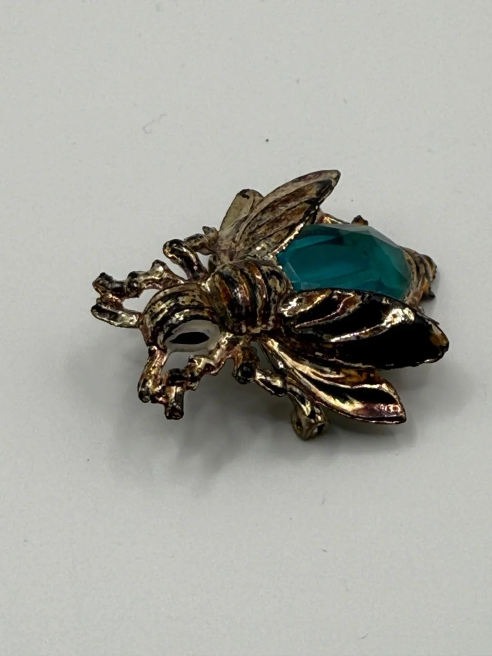Vintage Bee Insect Brooch Blue Green Glass Jelly Belly Figural Pin
